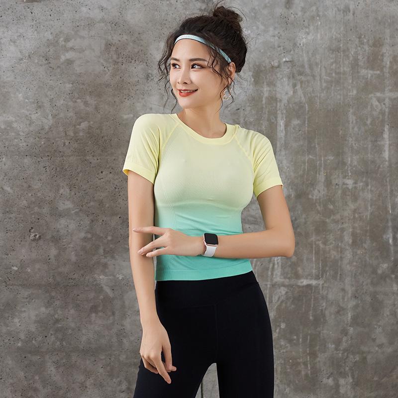 Женский градиентный быстросохнущий топ с коротким рукавом для йоги и бега, слим-фит