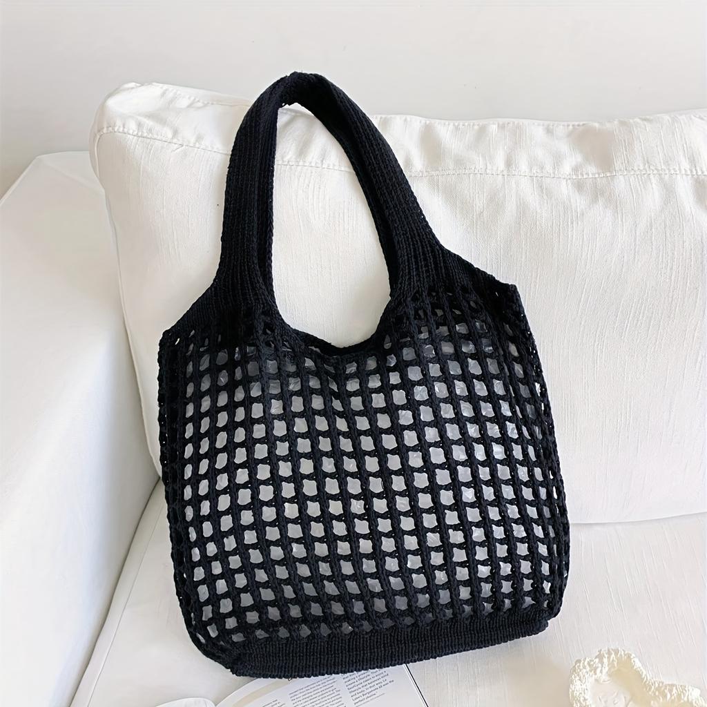 Lightweight Women's Minimalist Crochet Tote Bag Large Capacity Hollow Out Woven Design, Durable Fabric with Fixed Shoulder Strap