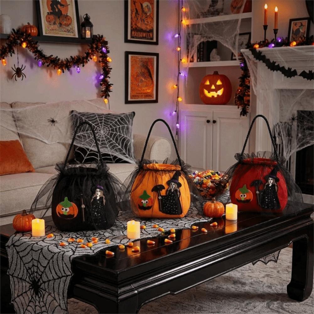 Embroidered Witch Pumpkin Witch Pumpkin Treat Pouch Hand‑held Snack Storage Bag Kids Gift Storage