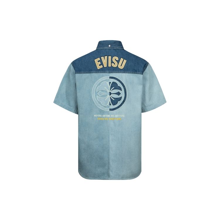 Evisu Рубашка с коротким рукавом, с цветочным принтом и логотипом в стиле пэчворк, мужская, джинсово-синяя 2ESHTM3SS118LFDN
