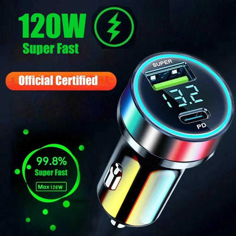 12-24V Quick Car Charger, Dual USB Type C 120W + PD20W Fast Charging, Fits iPhone13 Pro & Other Phones, Solves Slow In-Car