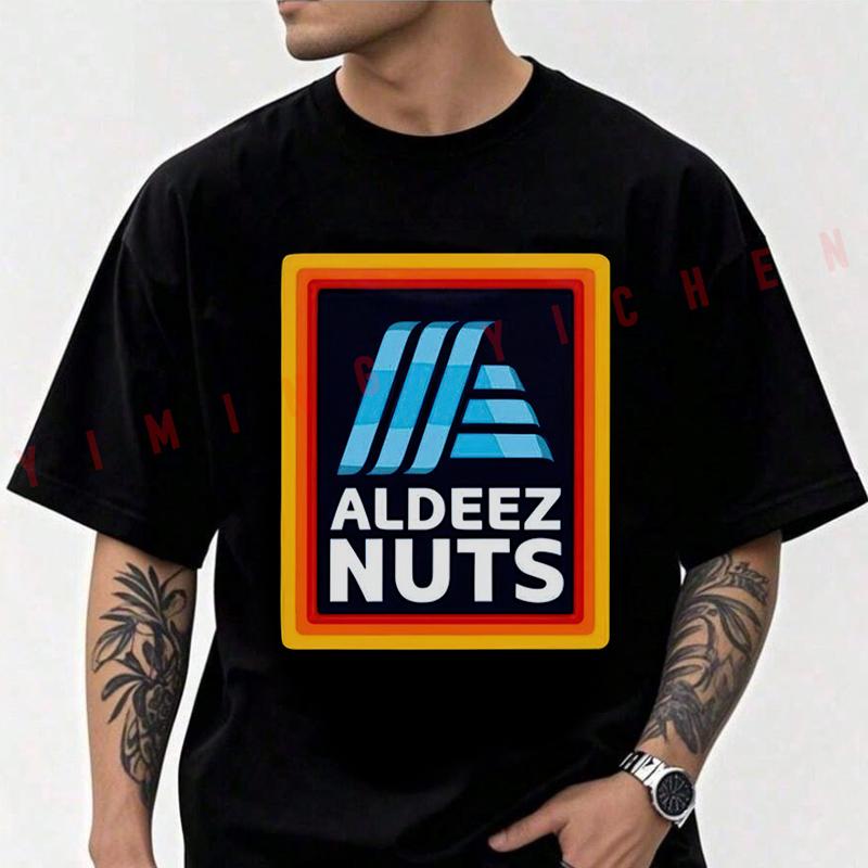 Aldi Aldeez Nuts Store Shopping Grocery Graphic Motorcycle Cotton T-shirt Men Short Sleeved Casual Round Neck Unisex Tops Tee