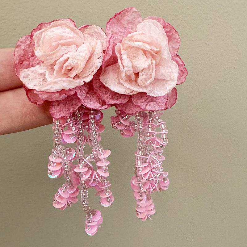 Korean Gentle Mori Earrings Super Fairy Camellia Bead Sequins Fringe Sweet Atmospheric Smart Versatile Studs