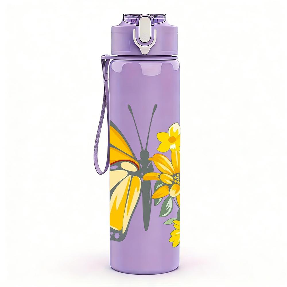 1PC Yellow Butterfly Daisy Floral 750ml Color Plastic Sports Water Bottle Leakproof Flip Straw Lid Suitable for Sports Office Home Use
