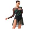 Womens Figure Skating Dress Contrast Color Rhinestones Gradient Mesh Skirt One Piece Leotard