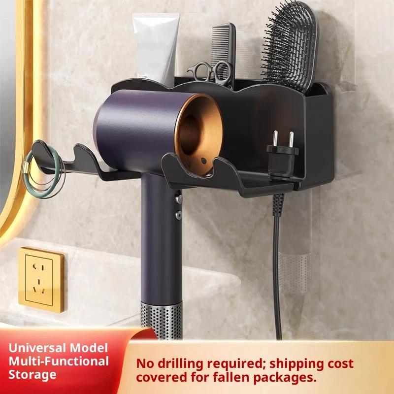 Настенный держатель для фена - Не требует сверления, Пластиковая полка для хранения в ванной комнате с несколькими отделениями для фенов