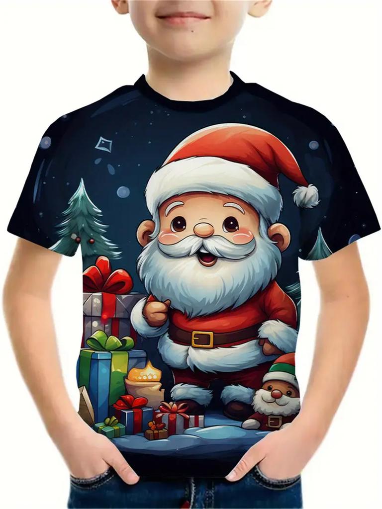 Рождественская одежда 2025 года Футболки для мальчиков и девочек Новогодние футболки Повседневная детская одежда с принтом Санта-Клауса Футболка