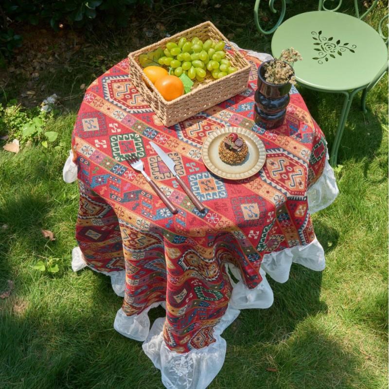 Chinese Style Tablecloth Geometric Jacquard Lace Trim Dustproof Decorative Table Cover Home