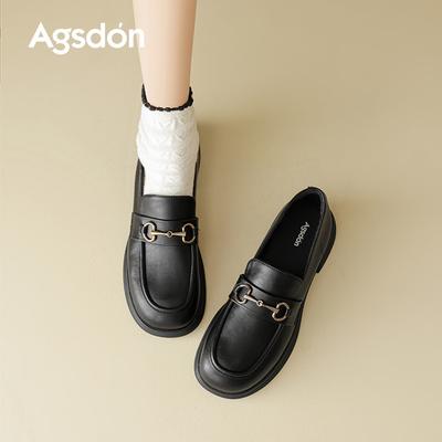 Лоферы Augustine женские осень 2025 новые толстый каблук британский стиль черные маленькие кожаные туфли для通勤 мягкая подошва одинарные туфли