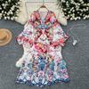 Spring Autumn Women Vintage Print V-neck Flare Sleeve Long Maxi Holiday Beach Dresses