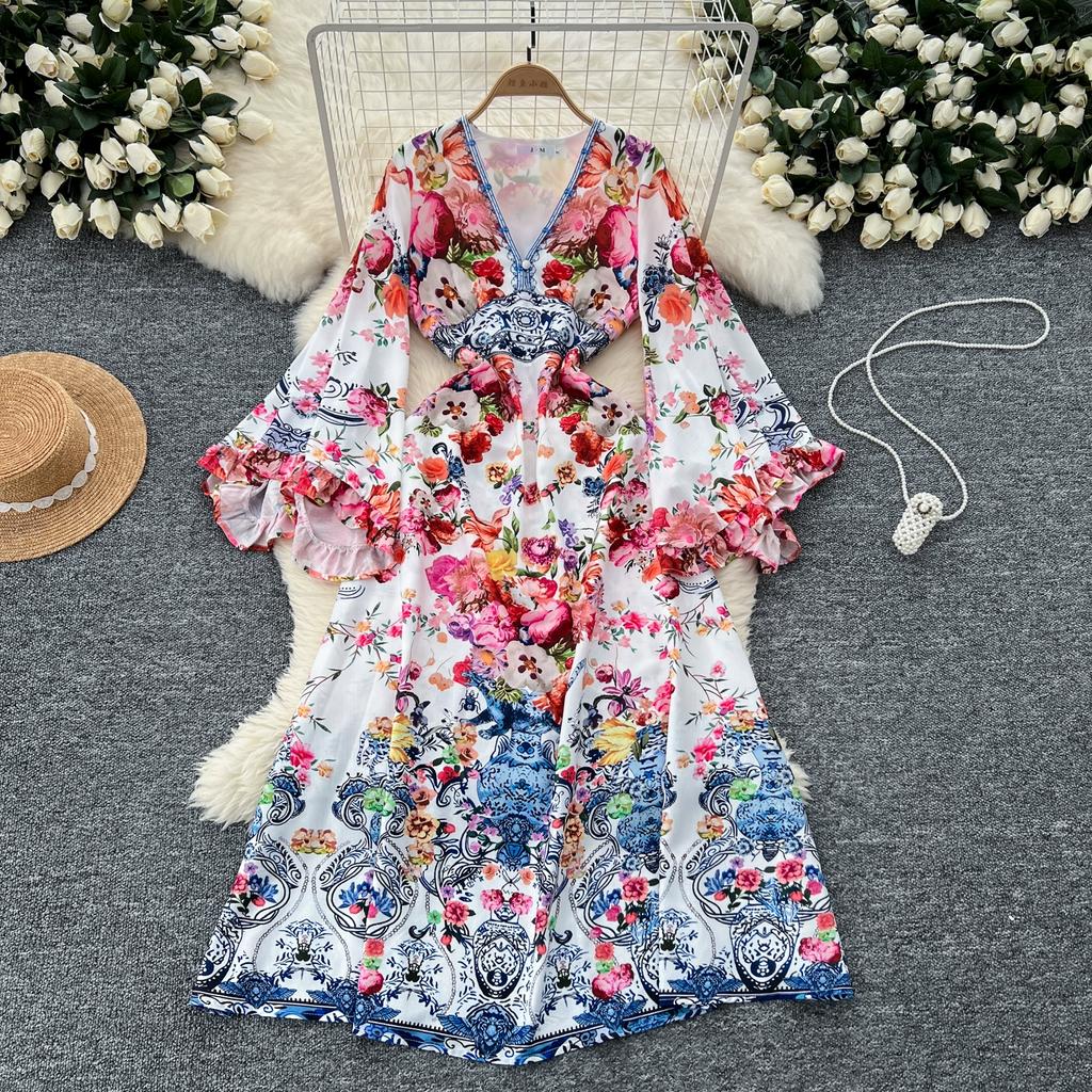 Весна Осень Женские Винтажные Принты V-образный вырез Расклешенные Рукава Длинные Макси Праздничные Пляжные Платья