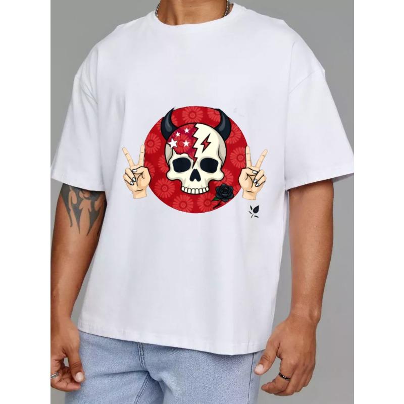 Футболка с круглым вырезом Белый череп с рогами и знаками мира Красный круговой узор для повседневной носки