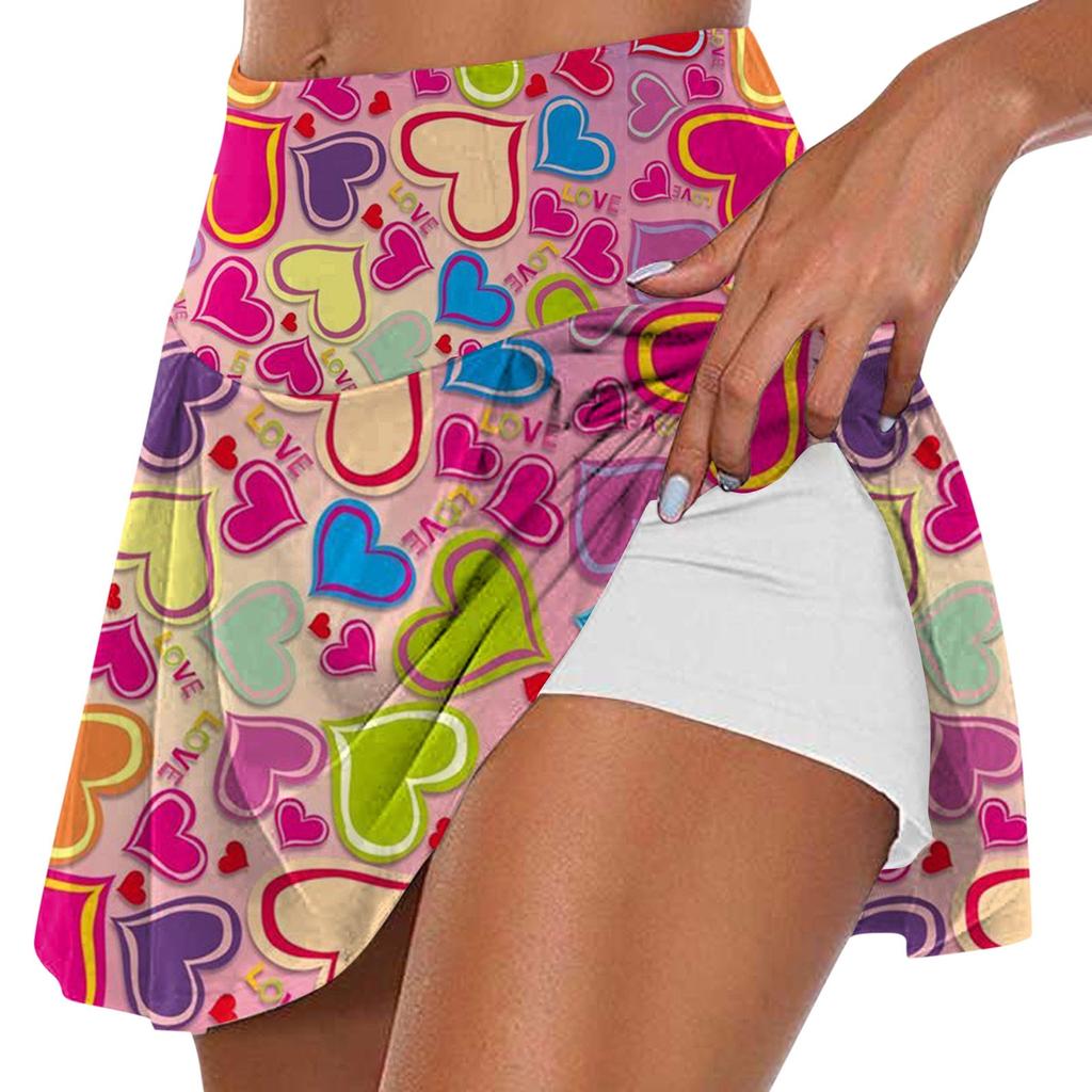 Женская мода с принтом на День Святого Валентина, повседневная спортивная фитнес-беговая йога, теннисная юбка, плиссированная короткая юбка, шорты, полуюбка