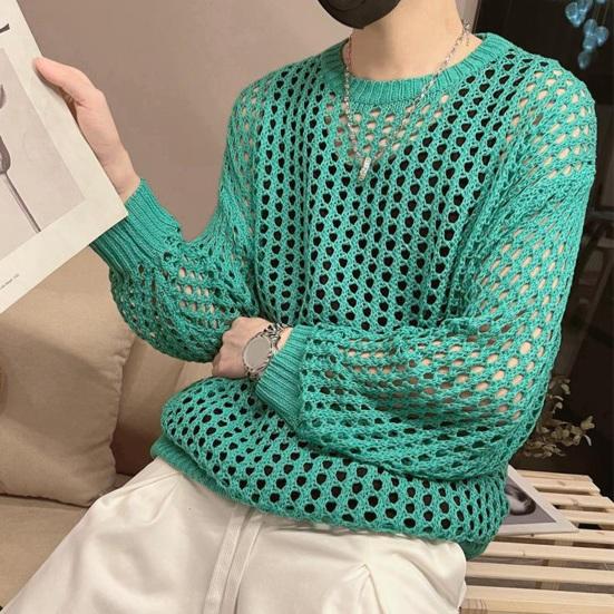 Мужской полый топ в сетку, однотонный, с круглым вырезом, свободный, с длинными рукавами, клубная одежда, прозрачный эластичный пуловер в стиле хип-хоп, вечерние топ