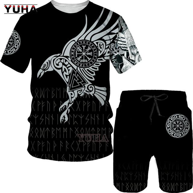Летний мужской костюм большого размера, мужская футболка с 3D принтом викингов и мужской спортивный костюм, футболка, шорты, повседневная спортивная одежда, весна