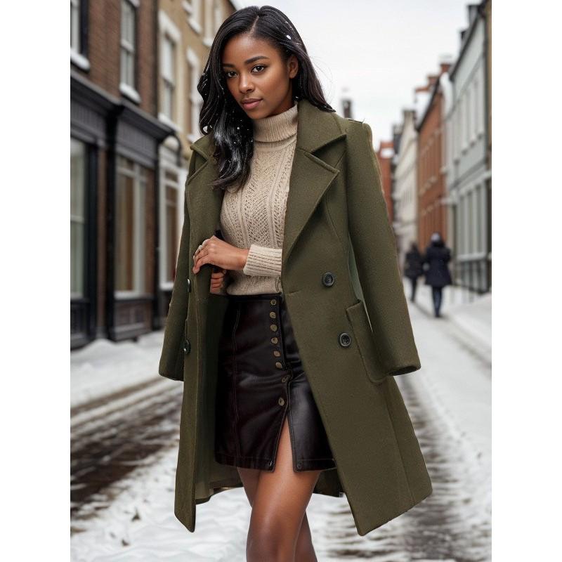 Womens Long Wool Coat Slim Fit Single Breasted Belted Overcoat Solid Color Outerwear Daily Wear