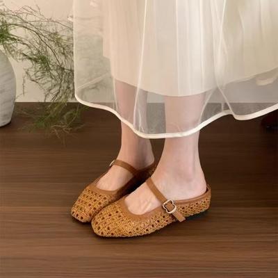 Мода 2025 Новая летняя мода Низкий каблук Женские тапочки Элегантный круглый носок Ремешок с пряжкой Повседневные женские мюли