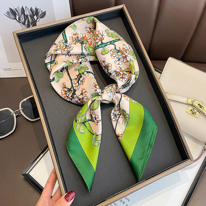 Flower Silk Square Scarf Women Satin Shawl Wrap Hijab Female Hair Band Wrist Luxury Headkerchief 70*70cm Echarpe Bandana
