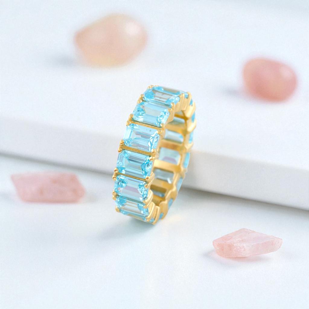 Emerald Cut Blue Topaz Eternity Wedding Band 14K Yellow Gold Plated Silver Full Eternity Ring Statement Stacking Ring