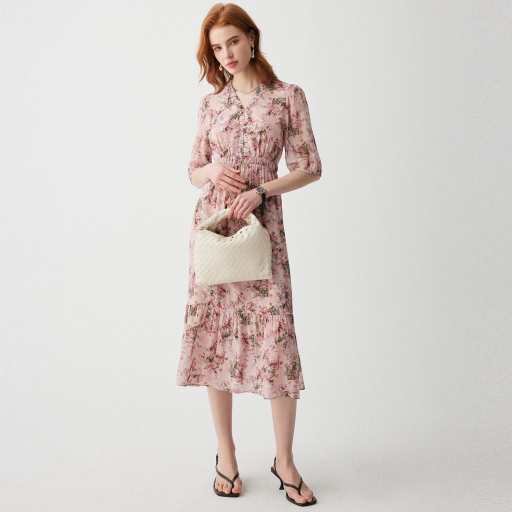 Rose Blossoms Spring and Summer V-neck Slimming Temperament Printed Silk Dress
