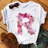 26 Letters Print T-Shirt Alphabet with Pink Flower Harajuku White Graphic Tee Casual Short Sleeve Lady Y2k Tops Women's Clothing