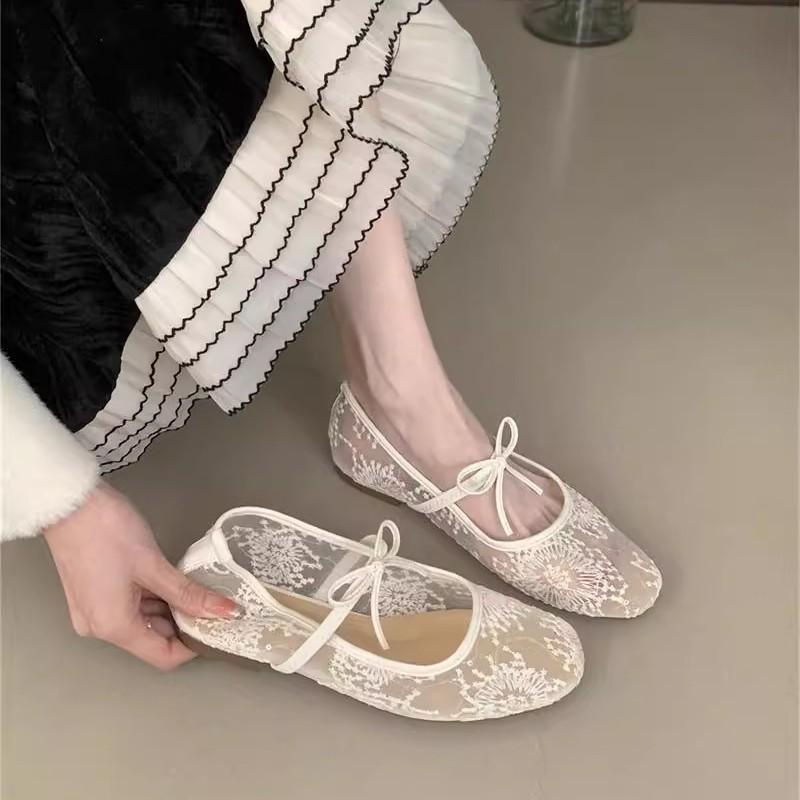 Gentle Evening Breeze Bow Ballet Shoes Girl 2025 New Fairy Hollow Mesh Lace Embroidered Shoes Single Shoes