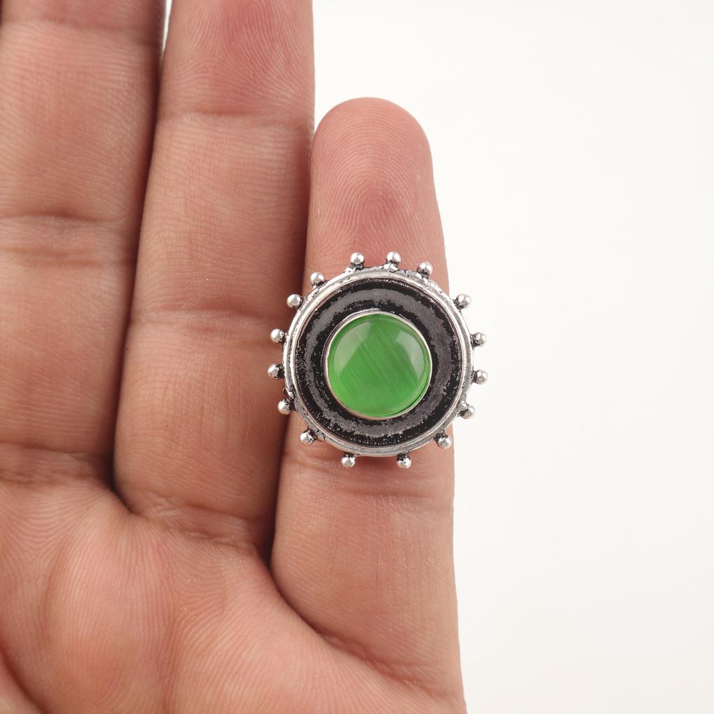 Wonderful Green Cat's Eye Gemstone Jewelry, 925 Solid Sterling Silver Ring, Handmade Spiritual Ring For Wedding Gift