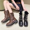 Женские ковбойские сапоги до середины голени с квадратным носком, ботильоны для езды на мотоцикле, женские низкие толстые блочные каблуки, ковбойские сапоги в стиле вестерн с пряжками