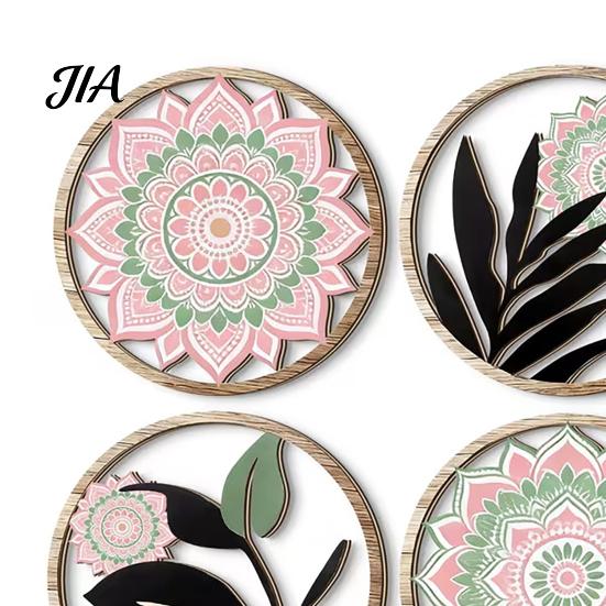 Rustic Botanical Wall Art 4Pcs Boho Decor, Floral Round Wooden Geometric Elegant Home Interior Decor Art, Farmhouse Aesthetic Hanging Ornaments