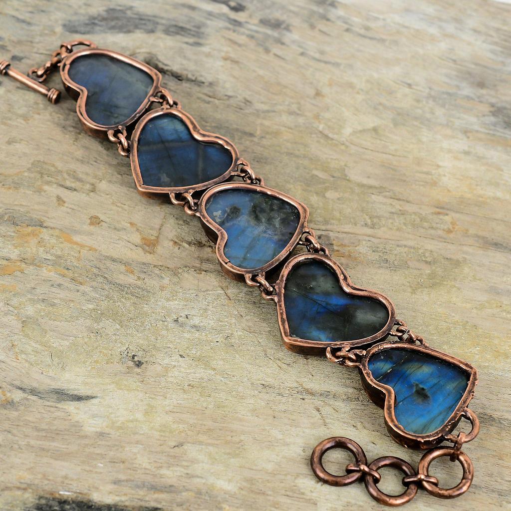 Браслет из лабрадорита, браслет из электроформированной меди, браслет с регулируемой цепочкой, браслет ручной работы с сердцем, ювелирные изделия из меди с драгоценными камнями, подарок на помолвку