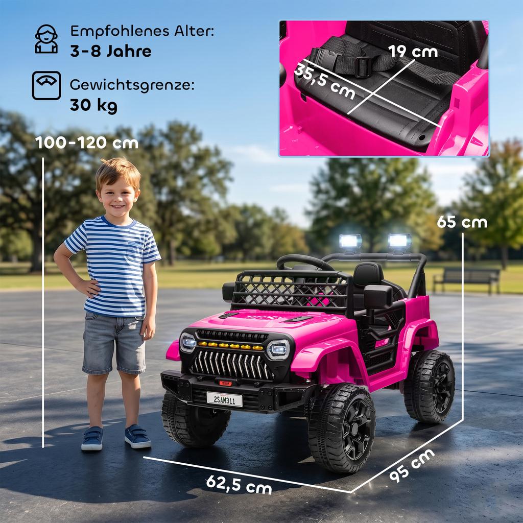 Kids Electric Car 12V, Electric Kids' Car with 2.4 GHz Remote Control, 2 Motors, Horn, LED, Music, for 3-8 Years, Pink
