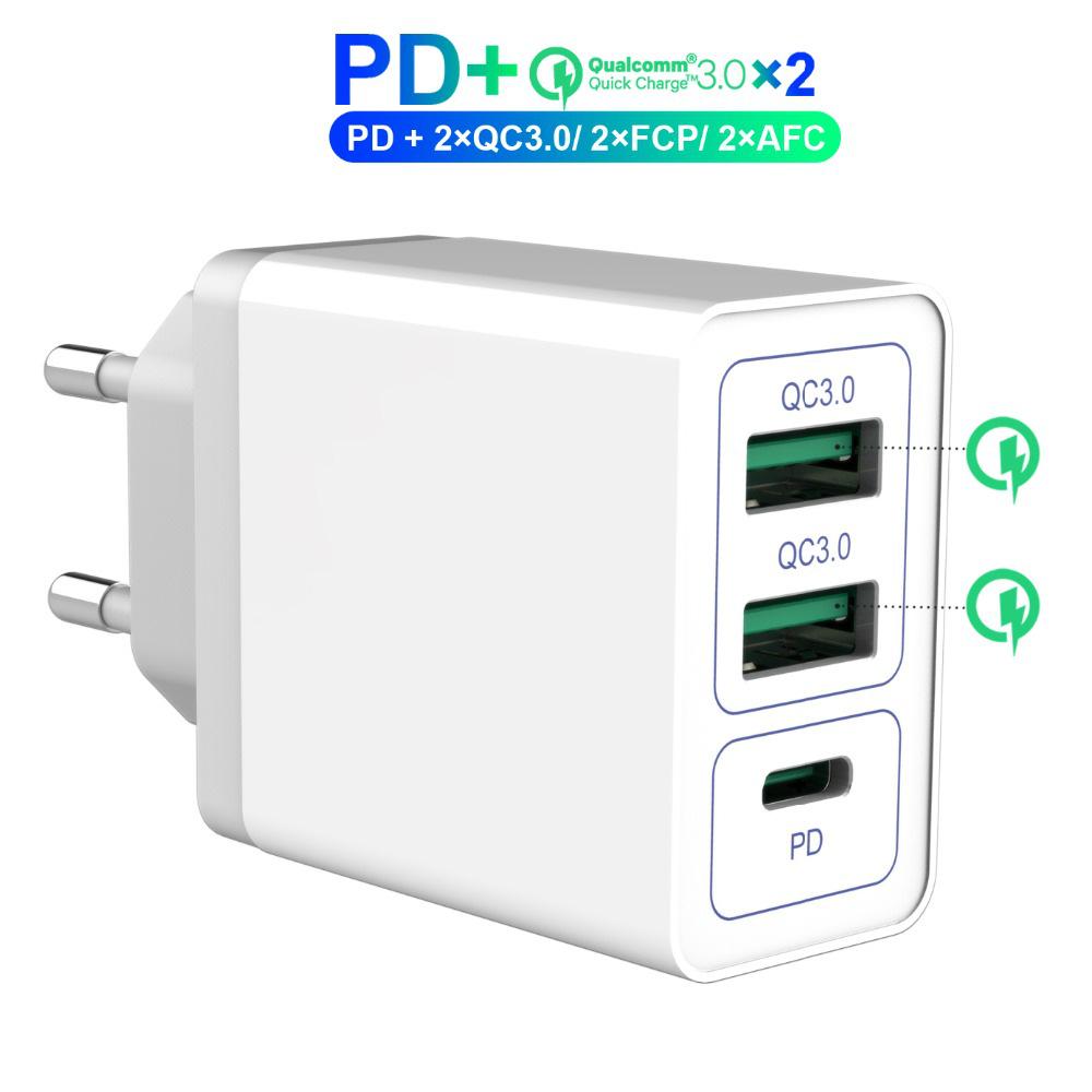 Быстрое зарядное устройство 38 Вт с двумя портами USB, QC3.0 и PD, совместимо с вилками EU/US/UK