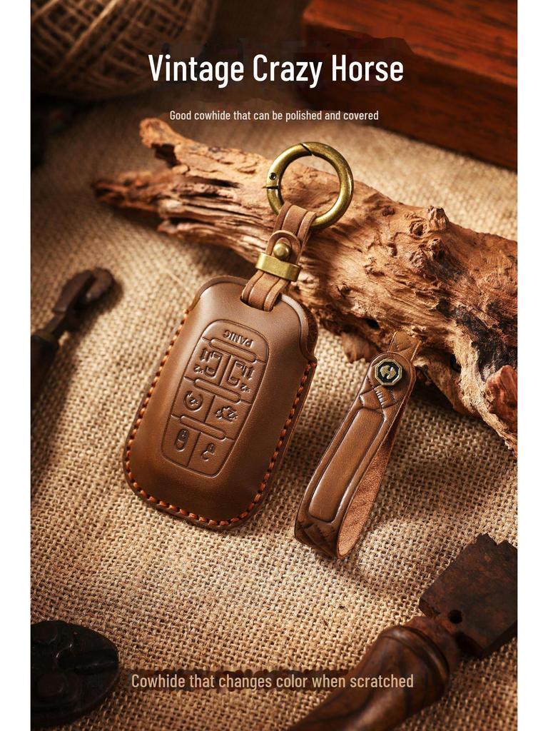 Genuine Leather Retro Key Cover for Chrysler 300C - Handmade Protective Shell with Buckle