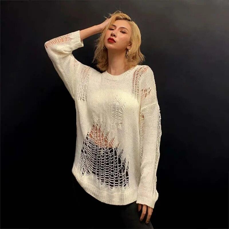 Черный полый вязаный свитер с неровными отверстиями, женский тонкий пуловер с круглым вырезом, сладкий джемпер с длинными рукавами, новая модная осенняя уличная одежда