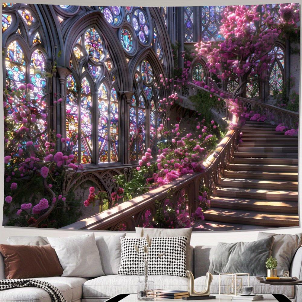 Gothic Cathedral Cherry Blossom Floral Tapestry Wall Hanging Stained Glass Art Decoration 150x300cm