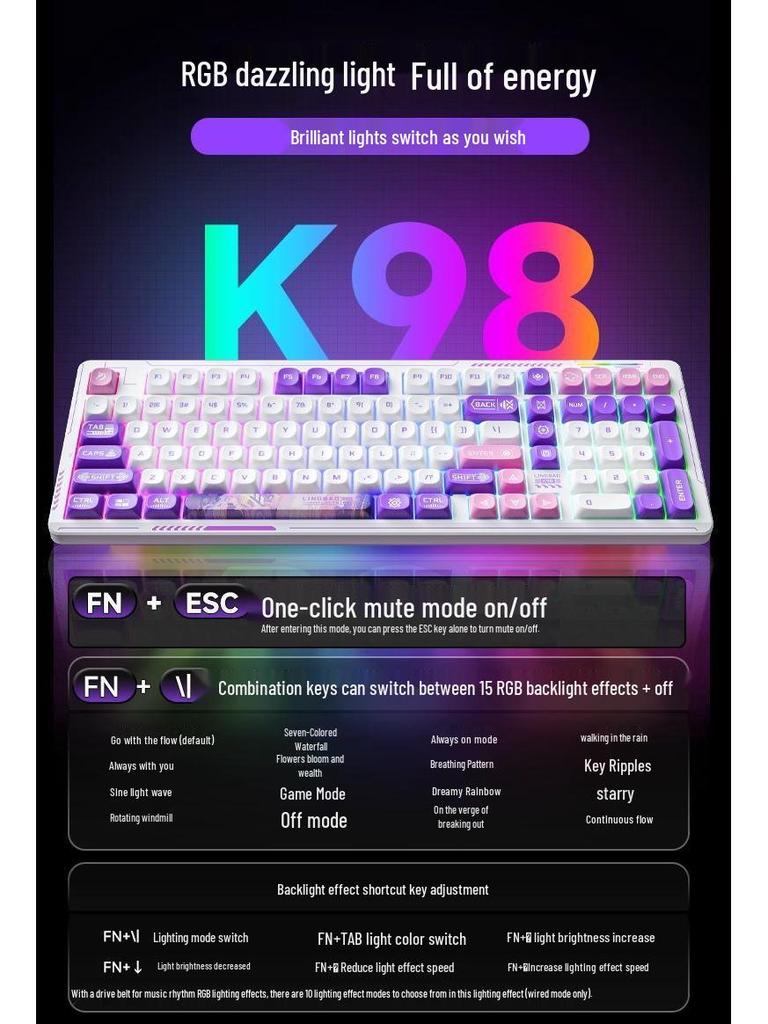 Беспроводная механическая игровая клавиатура LingBao K98 с 101 клавишей и возможностью горячей замены