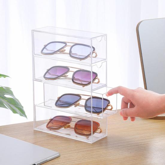 4Pcs Eyeglass Case Storage Organizer Large Capacity Dustproof Transparent Stackable Sunglass Glasses Storage Box with Lid