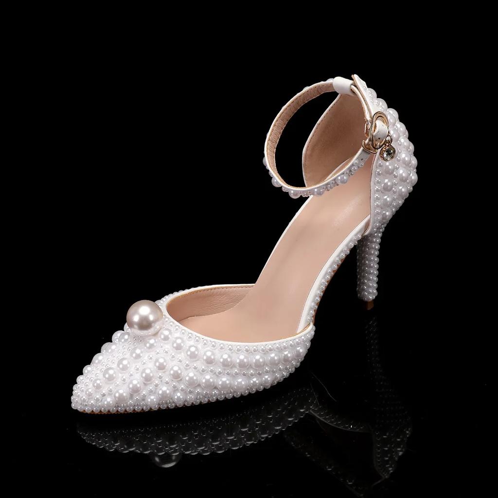 2024 Новые 9-сантиметровые каблуки с острым носком, белые жемчужные свадебные банкетные туфли на высоком каблуке, роскошные женские босоножки на высоком каблуке