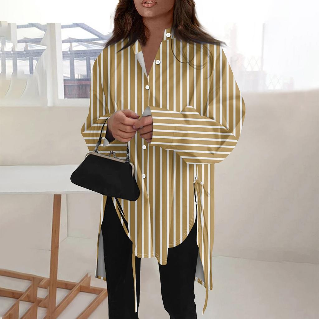 Модная повседневная однотонная рубашка с длинными рукавами и лацканами свободного типа для женщин