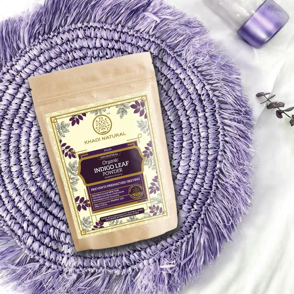 KHADI NATURAL Органический порошок из листьев индиго 100 г | Натуральный усилитель цвета волос для закрашивания седины и ухода за волосами
