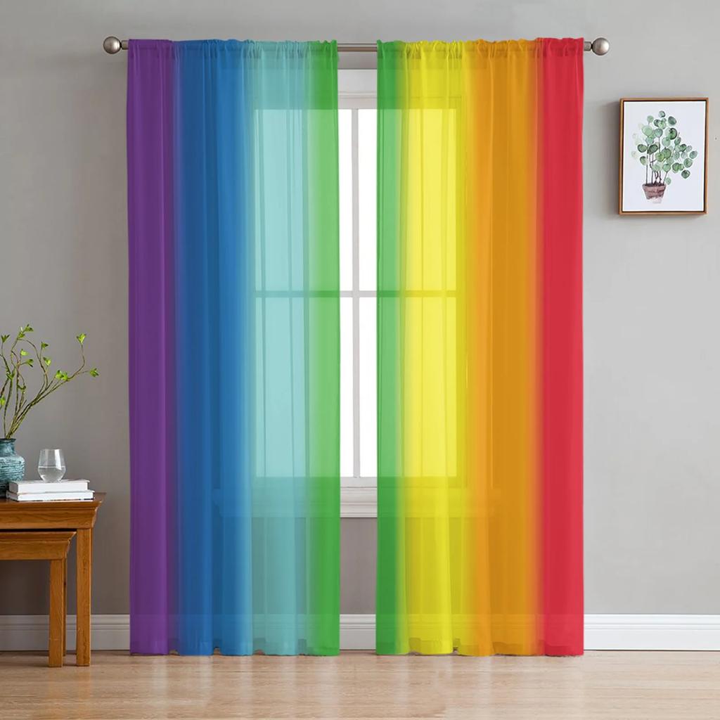 Rainbow Geometric Stripes Tulle Curtains For Living Room Kitchen Decoration Chiffon Window Treatments Voile Sheer Curtain