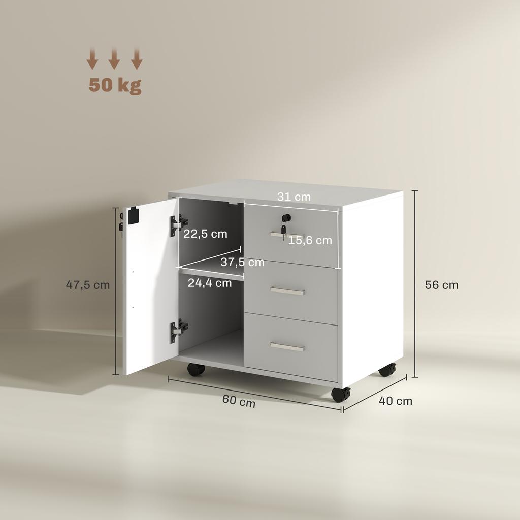 Office pedestal lockable storage unit with 3 drawers and adjustable shelf, wheels, 40 x 60 x 56 cm, white