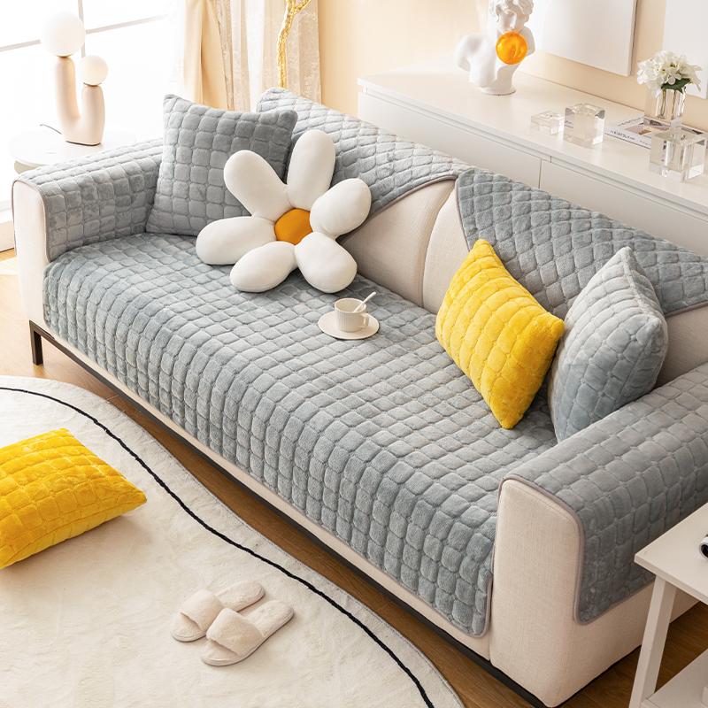 Solid Color Plush Sofa Cushion for Autumn and Winter Warmth, Thickened Anti Slip Pet Friendly Sofa Protective Cover