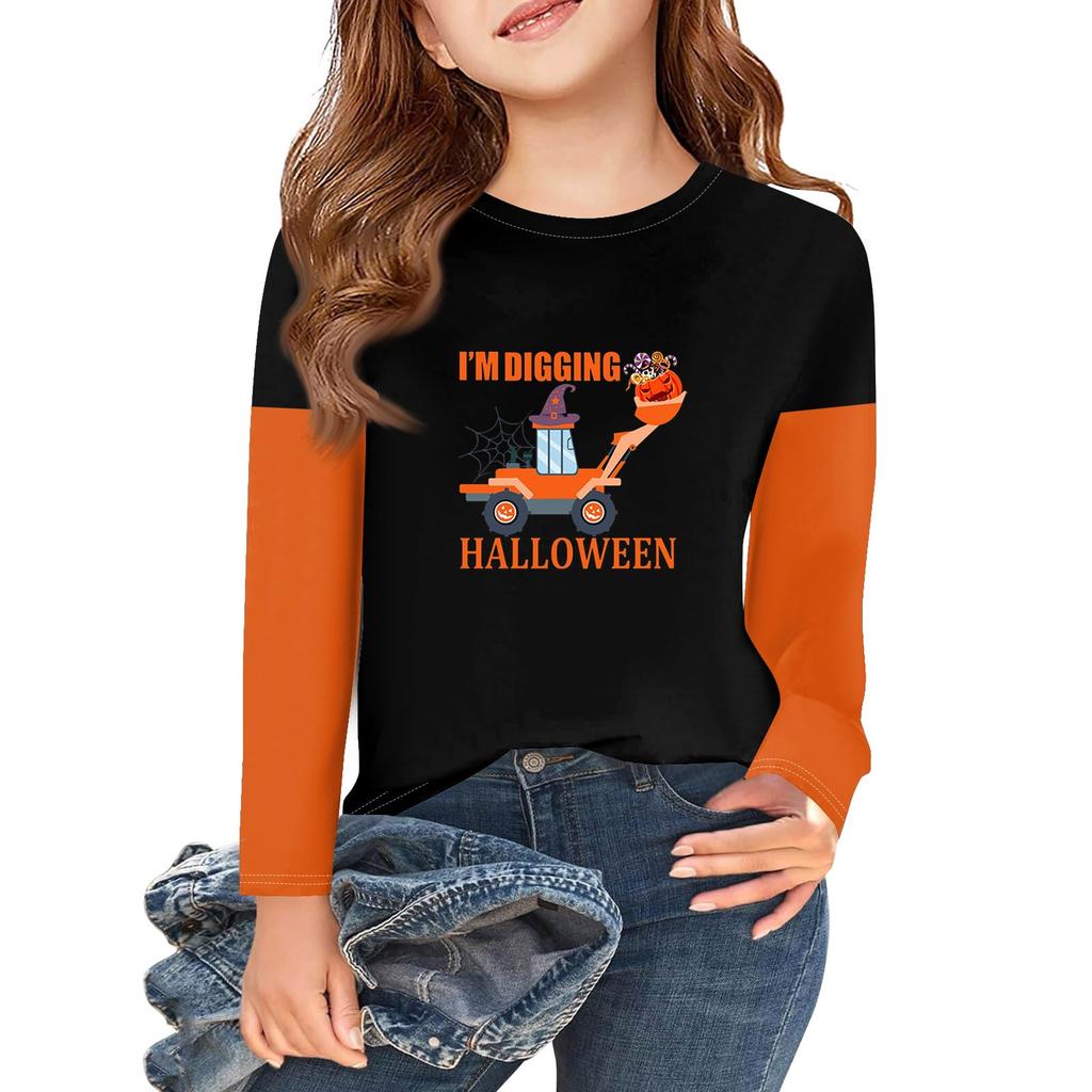 Футболки с длинным рукавом для девочек на Хэллоуин, детские осенние топы с круглым вырезом, базовые футболки 2-11 лет