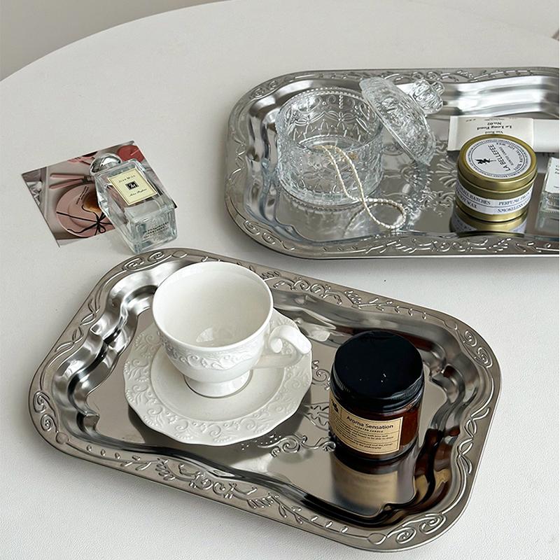 Винтажный поднос из нержавеющей стали, сервировочные подносы с цветочным тиснением для десерта, прямоугольная тарелка для хранения ювелирных изделий, инструмент для украшения дома