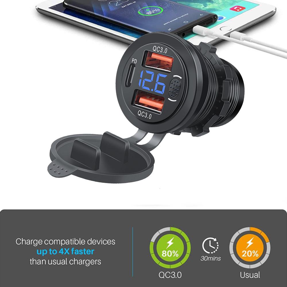 12/24 В три порта USB зарядное гнездо USB-C PD и двойной QC 3.0 для автомобиля мотоцикла с вольтметром и выключателем питания автомобильное зарядное устройство