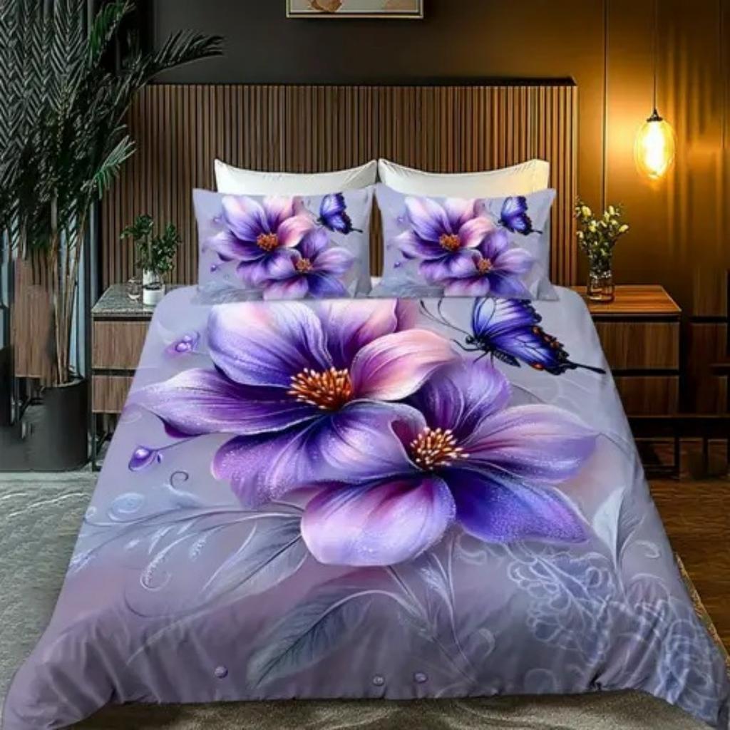 Пододеяльник с узором из фиолетовых цветов в стиле легкой роскоши, размер Queen King, 3D-печать, мягкое и удобное постельное белье, комплект из 3 предметов