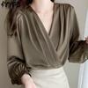 Женские модные повседневные весенне-осенние однотонные блузки и рубашки с v-образным вырезом и длинным рукавом с принтом