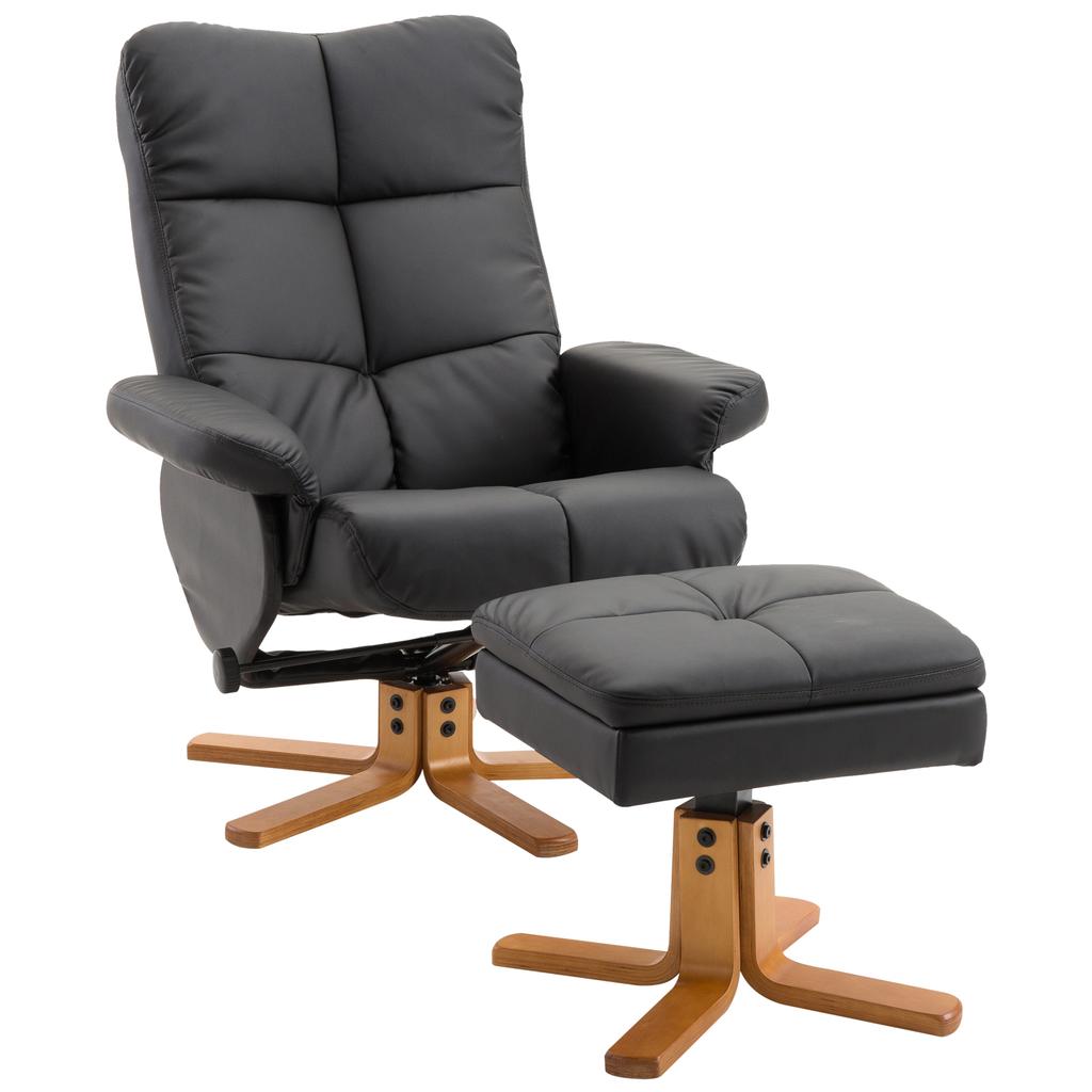 Recliner with Stool, 360 degrees Swivel TV Chair with Reclining Function Reading Chair for Bedroom, Living Room, Faux Leather, Black