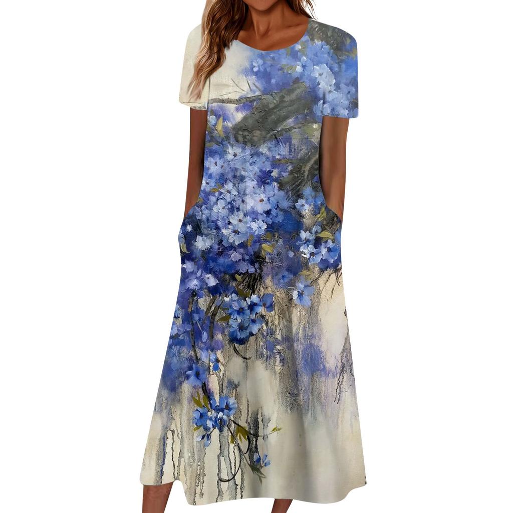 Summer Dress For Women Casual Printed V-Neck Short-Sleeve Beach Swing Dress